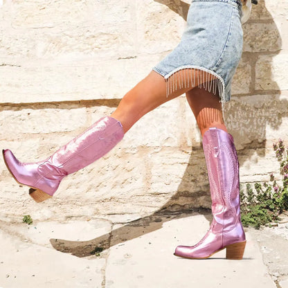 BUSY GIRL SC4840 Metallic Hot pink Boots Women Shoes 2023 Winter Fashion Embroidery Tall Knee Hgih Ladies Boots Cowboy Boots