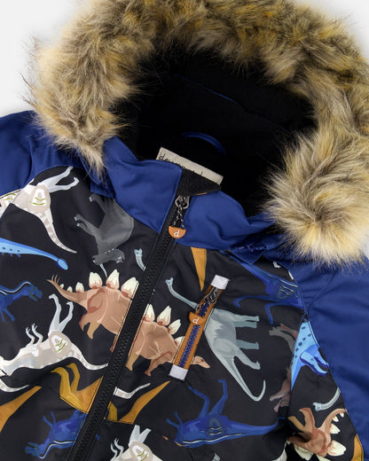 One-Piece Play Snowsuit Black Dinosaur Print
