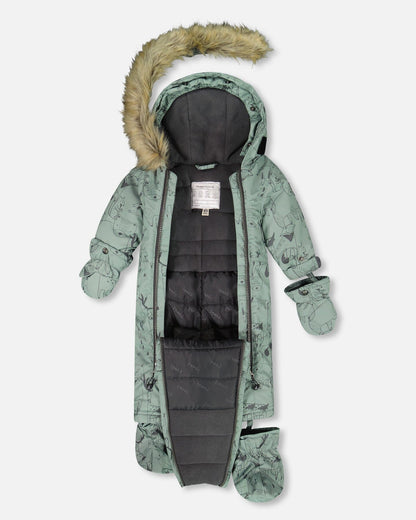 One-Piece Baby Play Snowsuit Designed For Car Seat Sage Animal Print