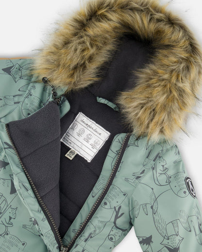 One-Piece Baby Play Snowsuit Designed For Car Seat Sage Animal Print