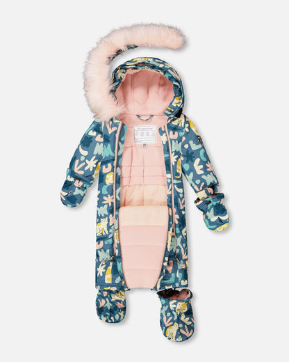 One-Piece Baby Play Snowsuit Designed For Car Seat Green Cat Print