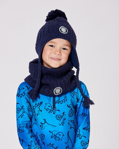 Lined Winter Hat With Pompom Navy Blue