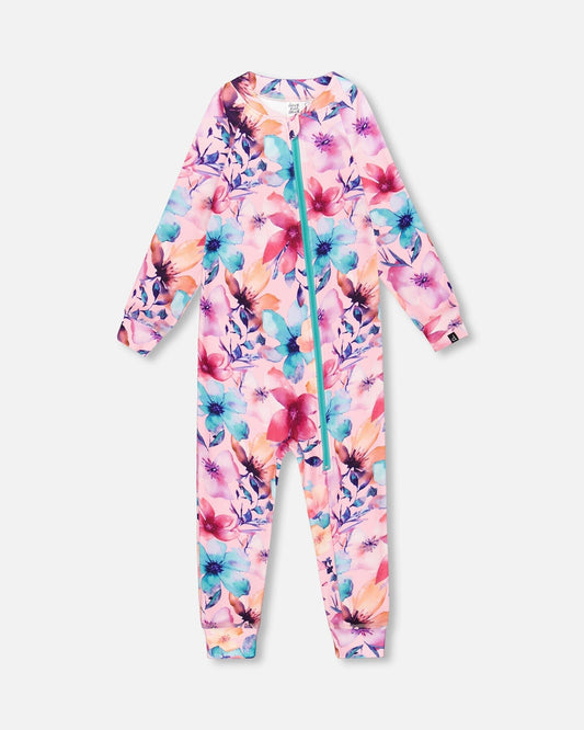 One-Piece Thermal Underwear Pink Watercolor Flower Print