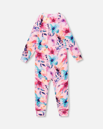 One-Piece Thermal Underwear Pink Watercolor Flower Print