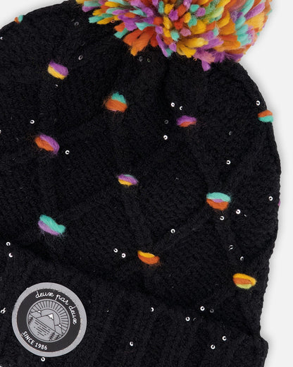Lined Knit Pompom Hat Black And Multicolor With Little Sequins