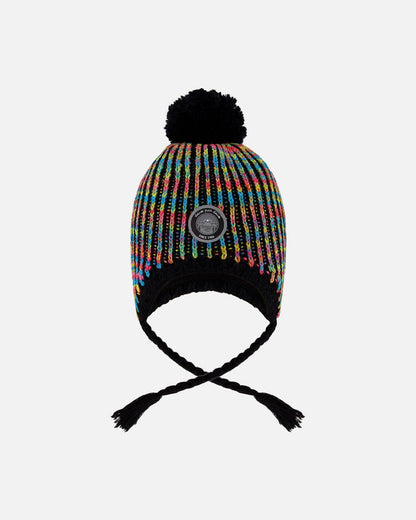 Bonnet péruvien tricoté doublé à pompon noir et multicolore