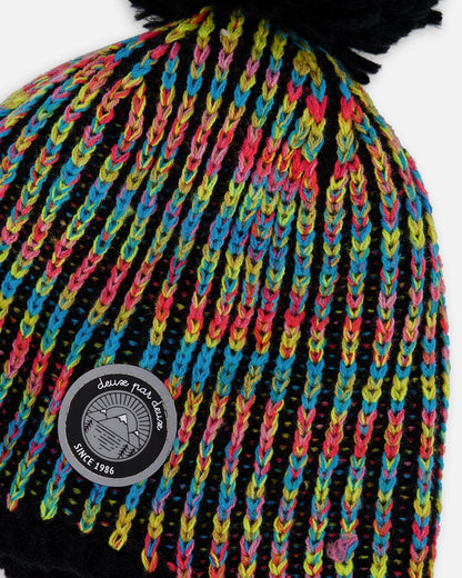 Bonnet péruvien tricoté doublé à pompon noir et multicolore