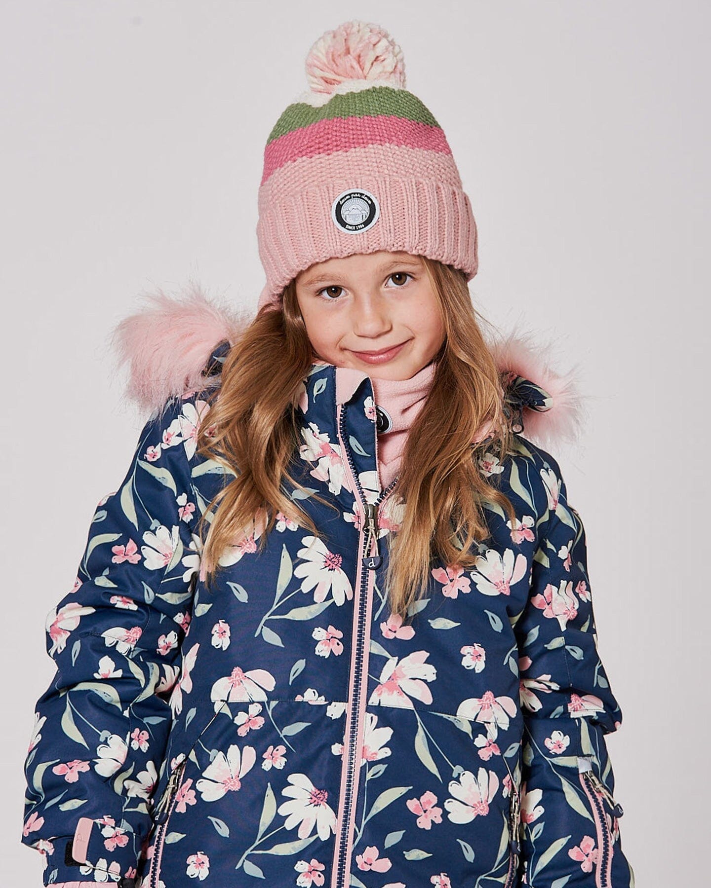 Lined Knit Pompom Hat Pink And Green