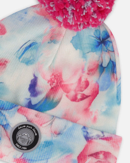 Lined Knit Pompom Hat Blue Flower Print