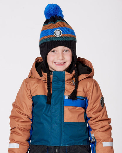 Lined Peruvian Knit Pompom Hat Black, Blue And Brown