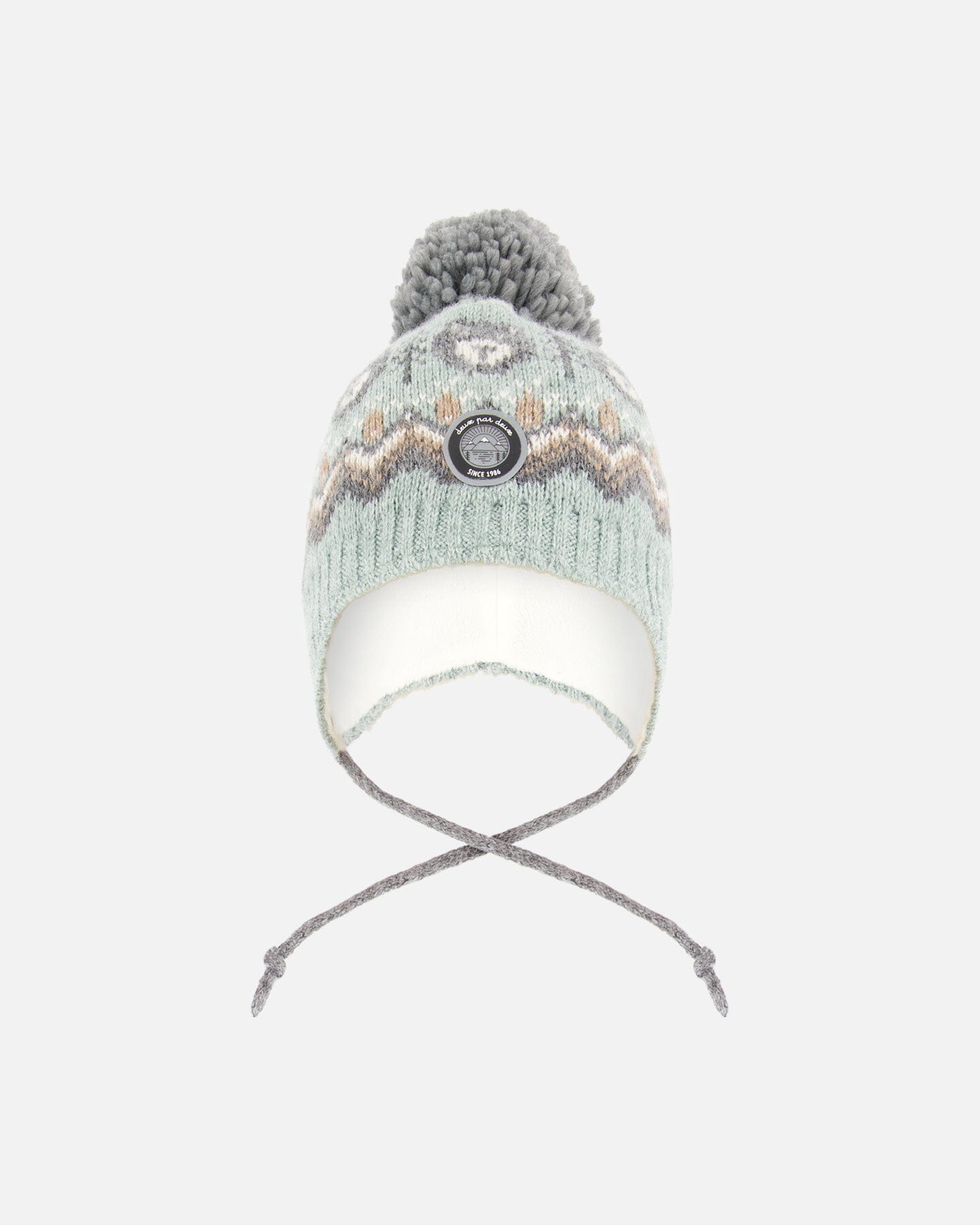 Bonnet Péruvien Tricoté Doublé à Pompon Gris et Sauge