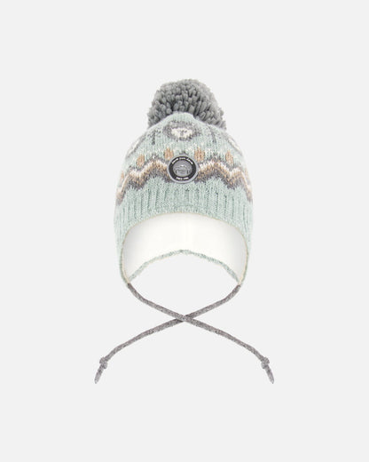 Bonnet Péruvien Tricoté Doublé à Pompon Gris et Sauge