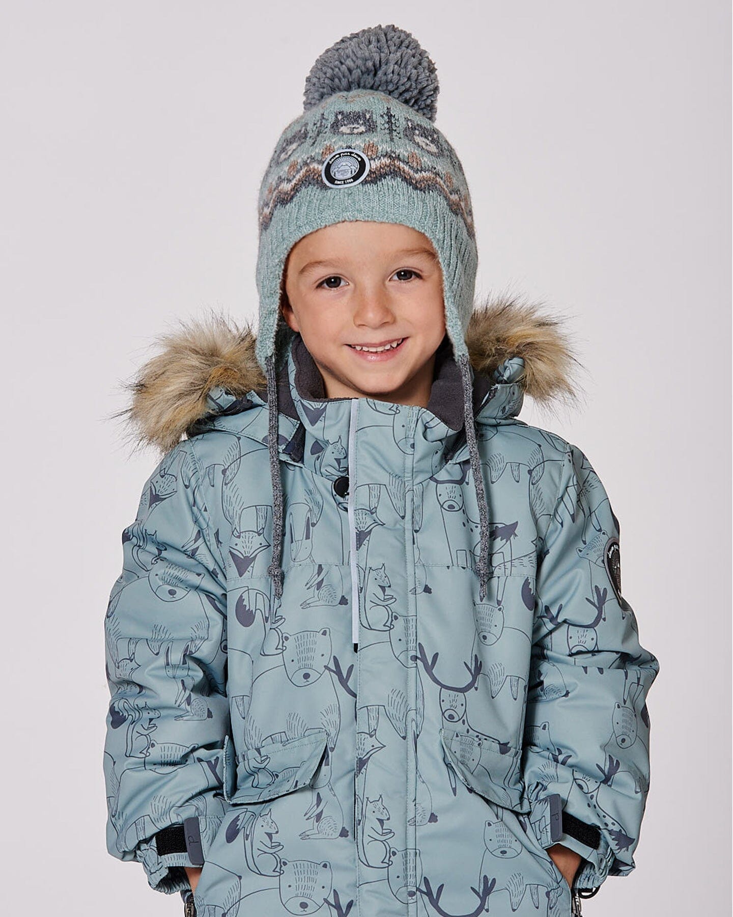 Bonnet Péruvien Tricoté Doublé à Pompon Gris et Sauge