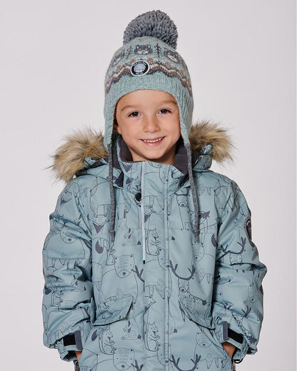 Bonnet Péruvien Tricoté Doublé à Pompon Gris et Sauge