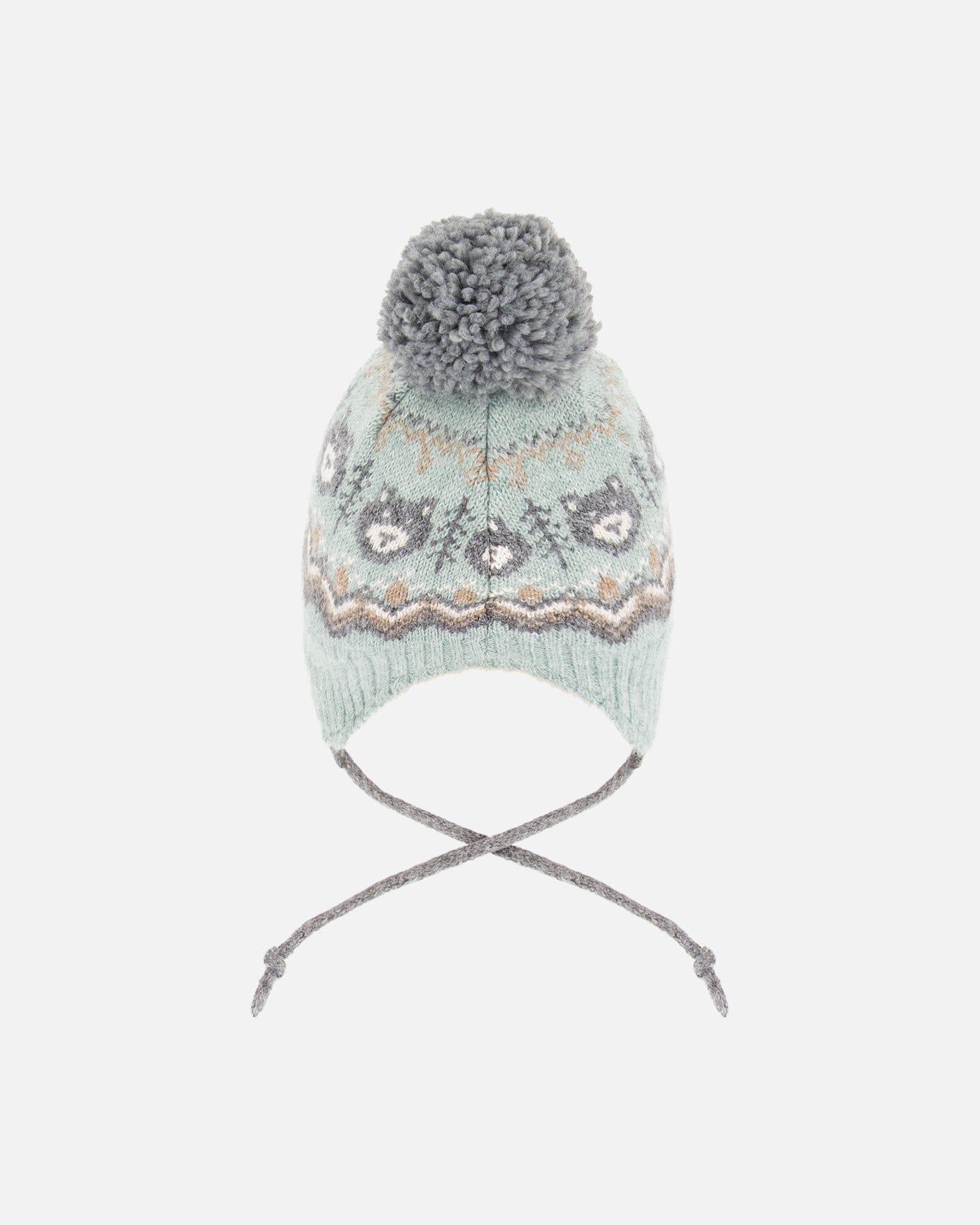 Bonnet Péruvien Tricoté Doublé à Pompon Gris et Sauge