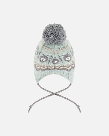 Bonnet Péruvien Tricoté Doublé à Pompon Gris et Sauge