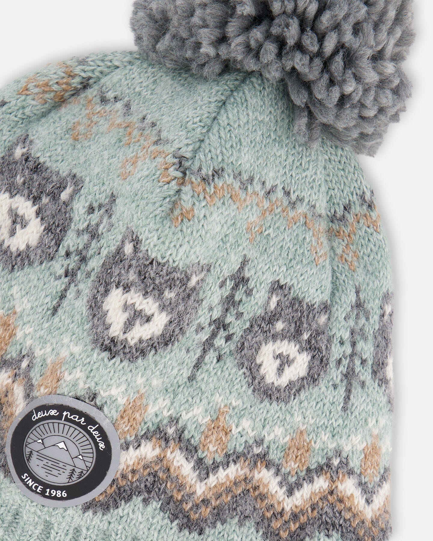 Bonnet Péruvien Tricoté Doublé à Pompon Gris et Sauge