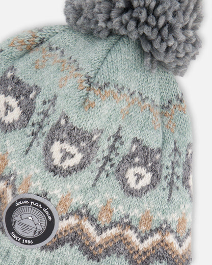 Bonnet Péruvien Tricoté Doublé à Pompon Gris et Sauge