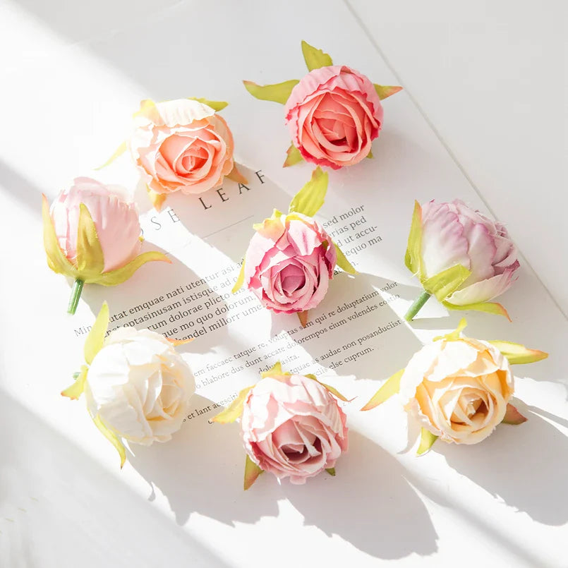 10Pcs Silk Tea Buds Roses Head Wedding Decorative Wreaths Valentine Decora Home Room Diy Gift Box Fake Plants Artificial Flowers