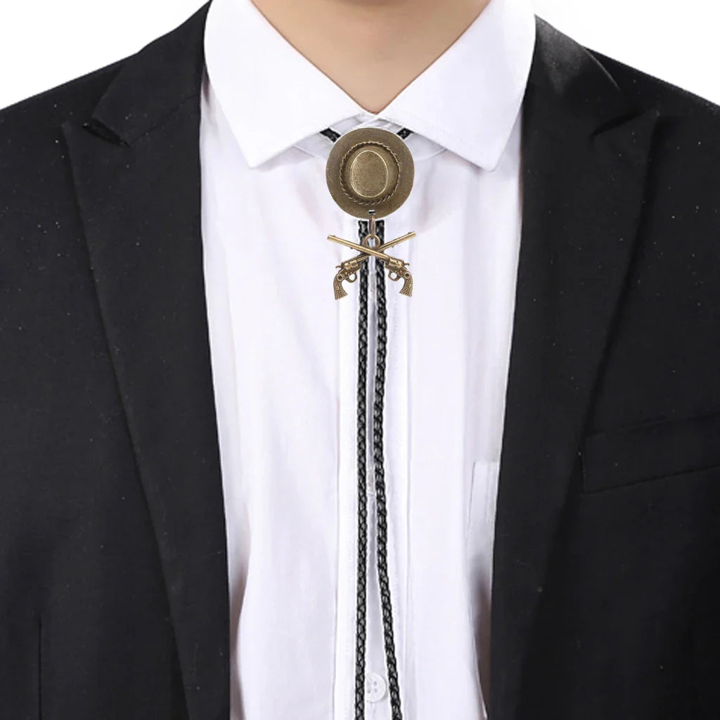 Chapeau de cowboy occidental à double pistolet, cravate bolo, accessoires de mode, cravate bolo en métal