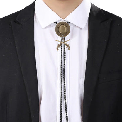 Chapeau de cowboy occidental à double pistolet, cravate bolo, accessoires de mode, cravate bolo en métal