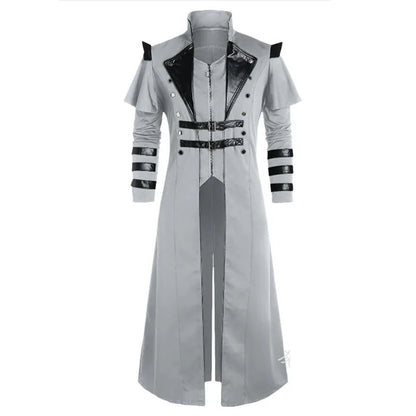 Vintage Halloween Médiéval Steampunk Assassin Elfes Pirate Costume Adulte Hommes Noir Longue Veste Fendue Manteaux en Cuir Armure Gothique