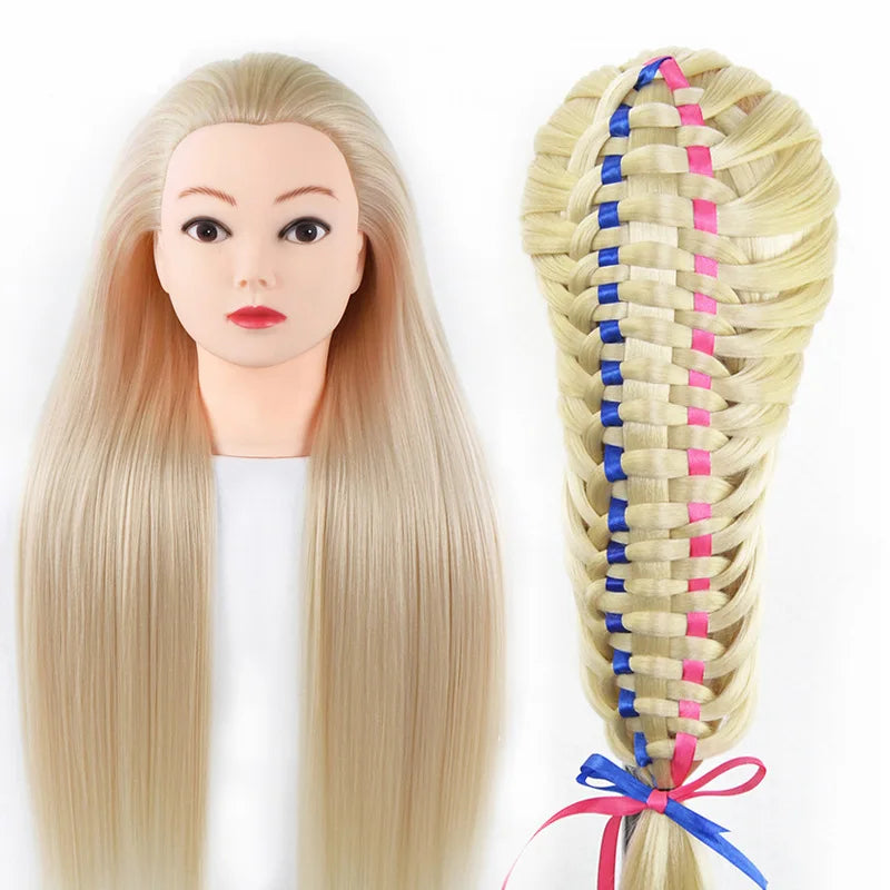 Tête de mannequin à cheveux longs synthétiques avec support de trépied de perruque réglable Modèle avec tête de mannequin Formation de coiffeur coiffant