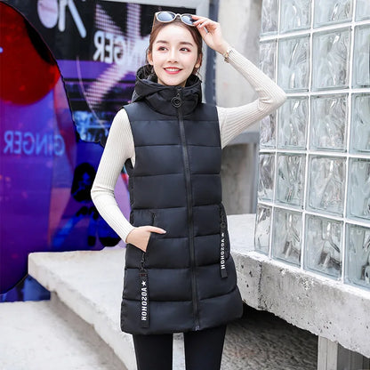 Autumn Winter Mid-length Women's Vest Coat Casual Zipper Sleeveless Warm Jacket Solid Color Hooded Ladies Vest Parkas for women