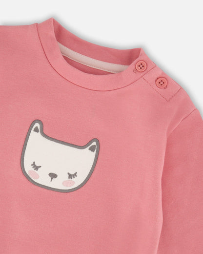 Organic Cotton Pant With Top Set Pink Cat Print