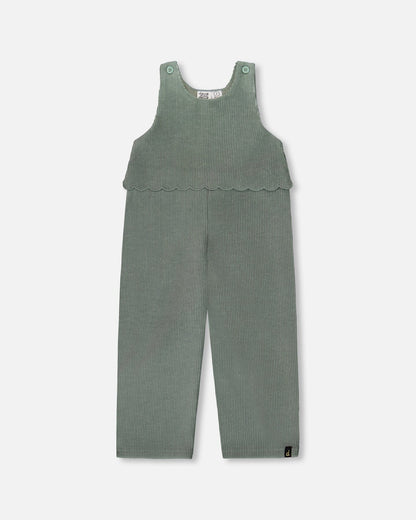 Stretch Velour Faux-Layered Overalls Jade Green