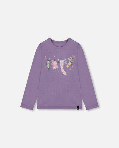 Organic Cotton Jersey Top Purple Gray With Owl