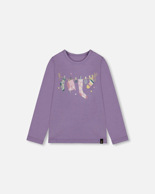 Organic Cotton Jersey Top Purple Gray With Owl