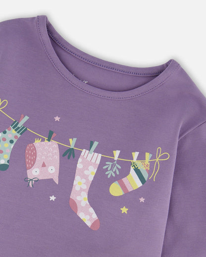 Organic Cotton Jersey Top Purple Gray With Owl