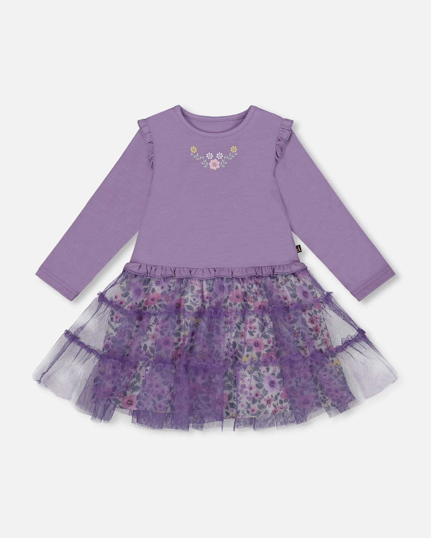 Bi-Material Dress With Muslin And Mesh Skirt Purple Gray