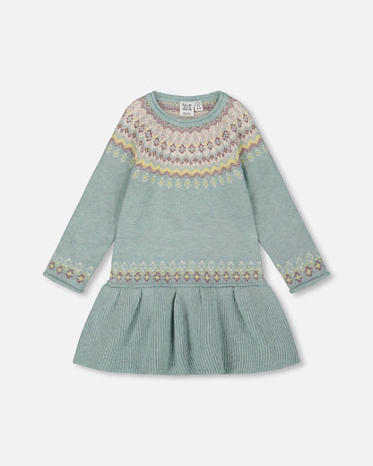 Jacquard Sweater Dress With Ribbed Skirt Jade Green