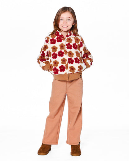 Full Zip Sherpa Jacket With Jacquard Floral Pattern Beige And Red