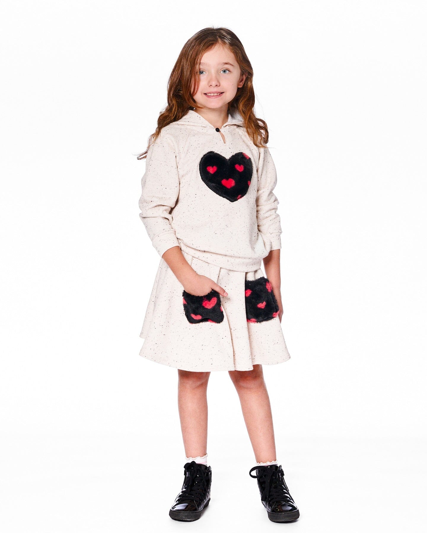 Glittering Beige French Terry Hoodie With Heart Applique