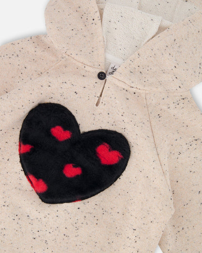 Glittering Beige French Terry Hoodie With Heart Applique