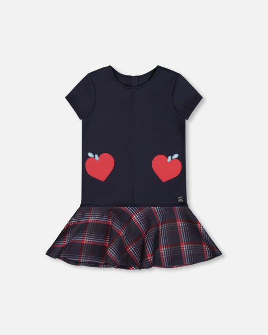 Milano Dress Navy Blue With Plaid Flounce