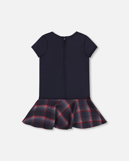 Milano Dress Navy Blue With Plaid Flounce