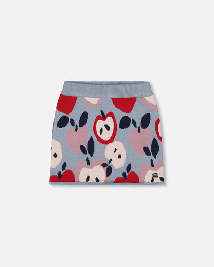 Knit Skirt Blue And Red With Apple Heart Jacquard