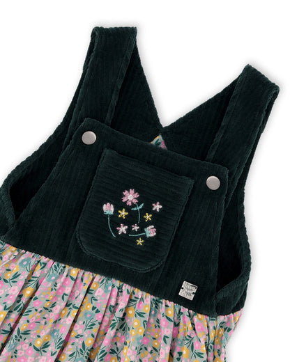 Bi-Material Overall Dress Green With Flower Print