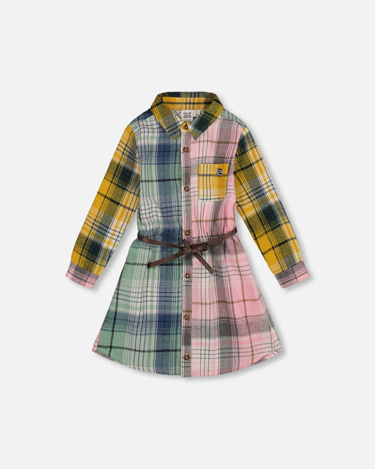 Shirt Dress With Belt Green Pink And Yellow
