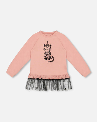 Long Bi-Material Top Dusty Pink With Mesh Ruffle Hem And Leopard Print