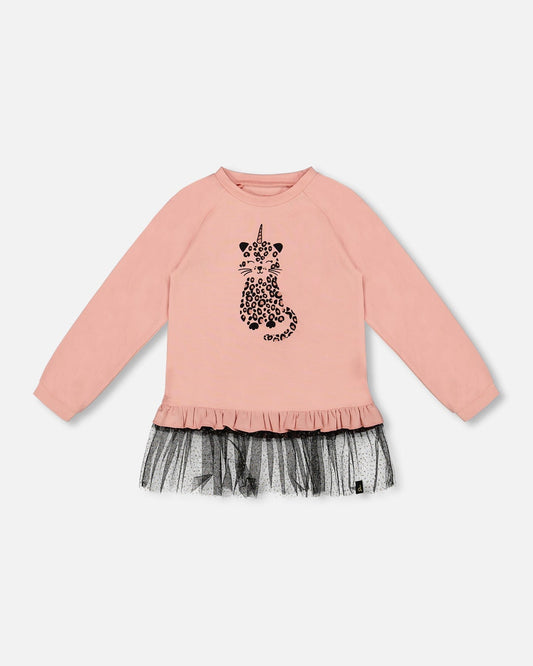Long Bi-Material Top Dusty Pink With Mesh Ruffle Hem And Leopard Print