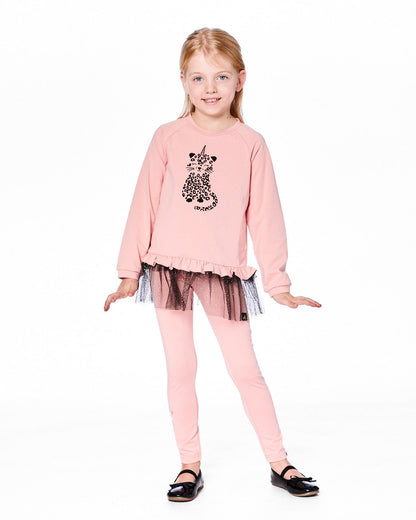 Long Bi-Material Top Dusty Pink With Mesh Ruffle Hem And Leopard Print