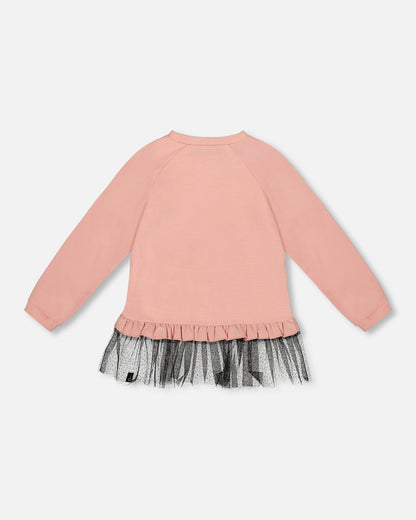 Long Bi-Material Top Dusty Pink With Mesh Ruffle Hem And Leopard Print