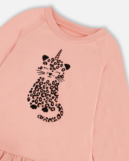 Long Bi-Material Top Dusty Pink With Mesh Ruffle Hem And Leopard Print