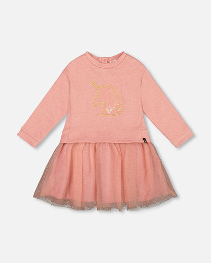 Bi-Material Dress Dusty Pink With Mesh Skirt And Unicorn