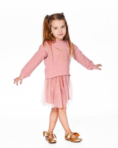 Bi-Material Dress Dusty Pink With Mesh Skirt And Unicorn